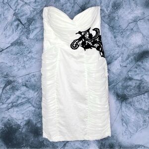 VINTAGE ELISE RYAN ASOS NWT White Strapless Ruched Mini Dress Black Lace Detail